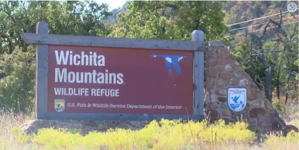 Entrance sign to the Wichita Mountains Wildlife Refuge